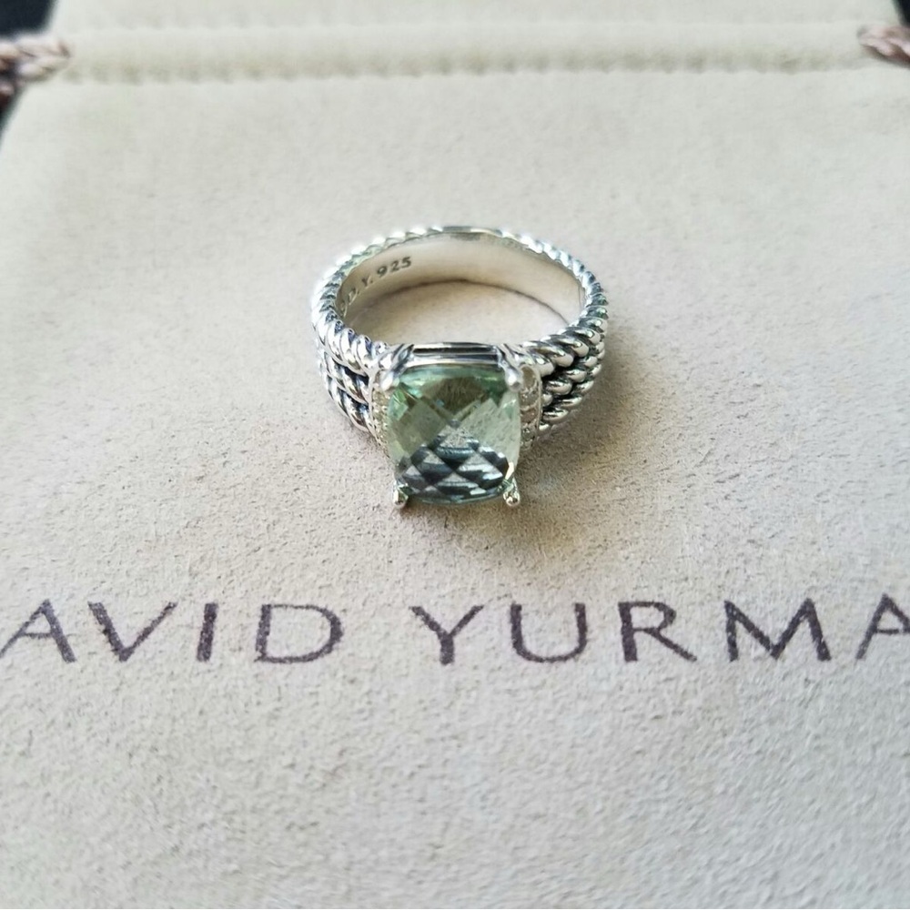 David Yurman Silver Cable Ring with Light Green Cushion Gem - Picture 3 of 5